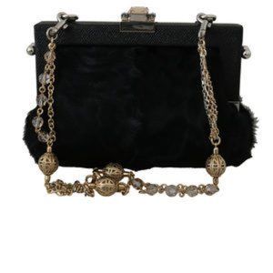 DOLCE & GABBANA Black Fur Brocade Crystal Shoulder VANDA Purse